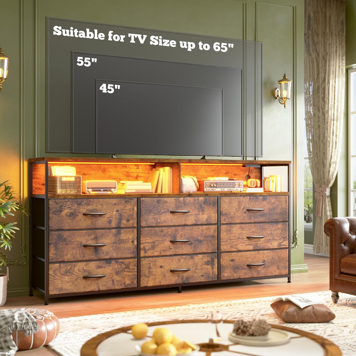 Romorgniz 55" W Dresser for Bedroom with 9 Drawers LED TV Stand with Power Outlets for 45, 55, 65 Inch TV Sturdy Long Chest of Drawers with Extra 2 Wooden Shelves Steel Frame Rustic Brown