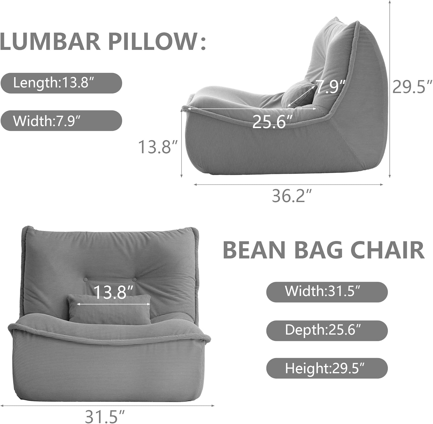 Bean Bag Chair for Adults, Single Lounge Chair with Lumbar Pillow, Comfy Floor Sofa with High-Resilience Foam, Lazy Accent Chair for Living Room, Bedroom, Apartment, Or Reading Corner, Gray