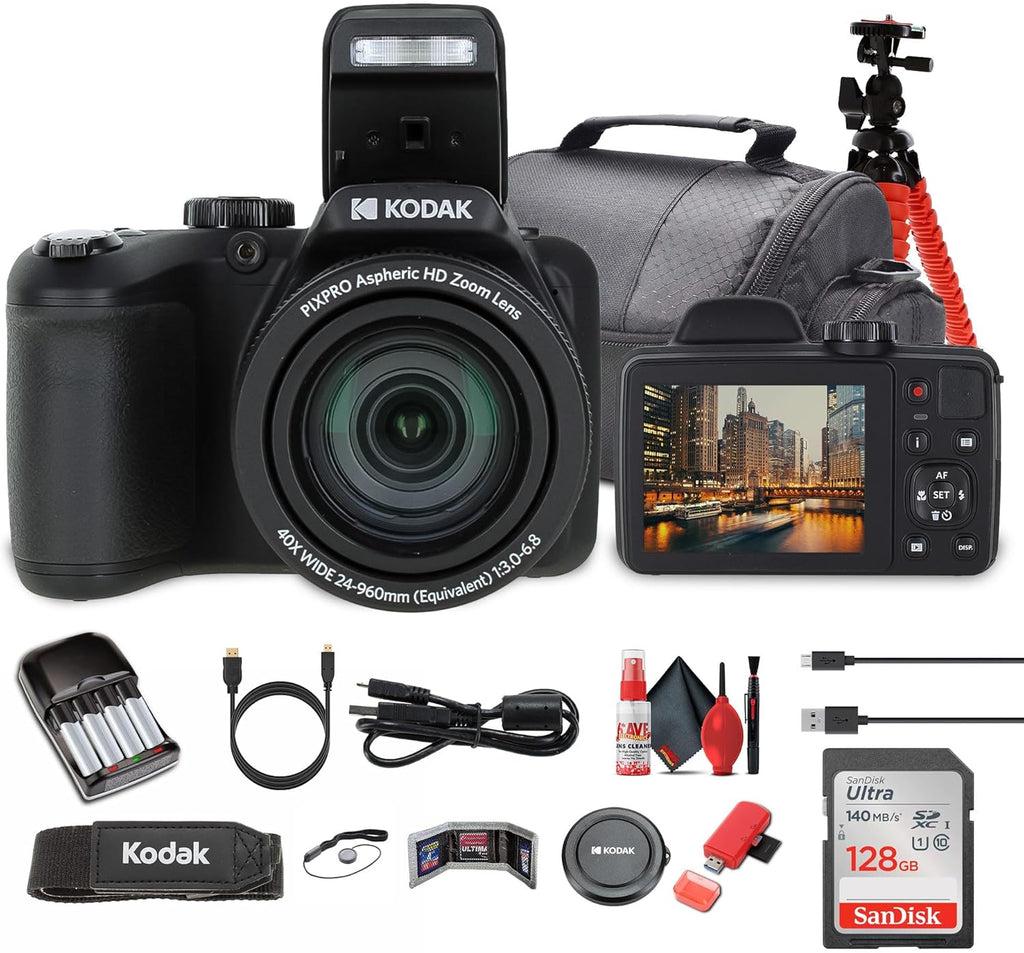 Kodak Pixpro AZ405 Digital Camera in Black (AZ405BK) Bundle Including: 128 GB Memory Card, Rechargeable Batteries, Case, Flexible Tripod, Neck Strap, Lens Caps, Full Cleaning Kit, More Accessories