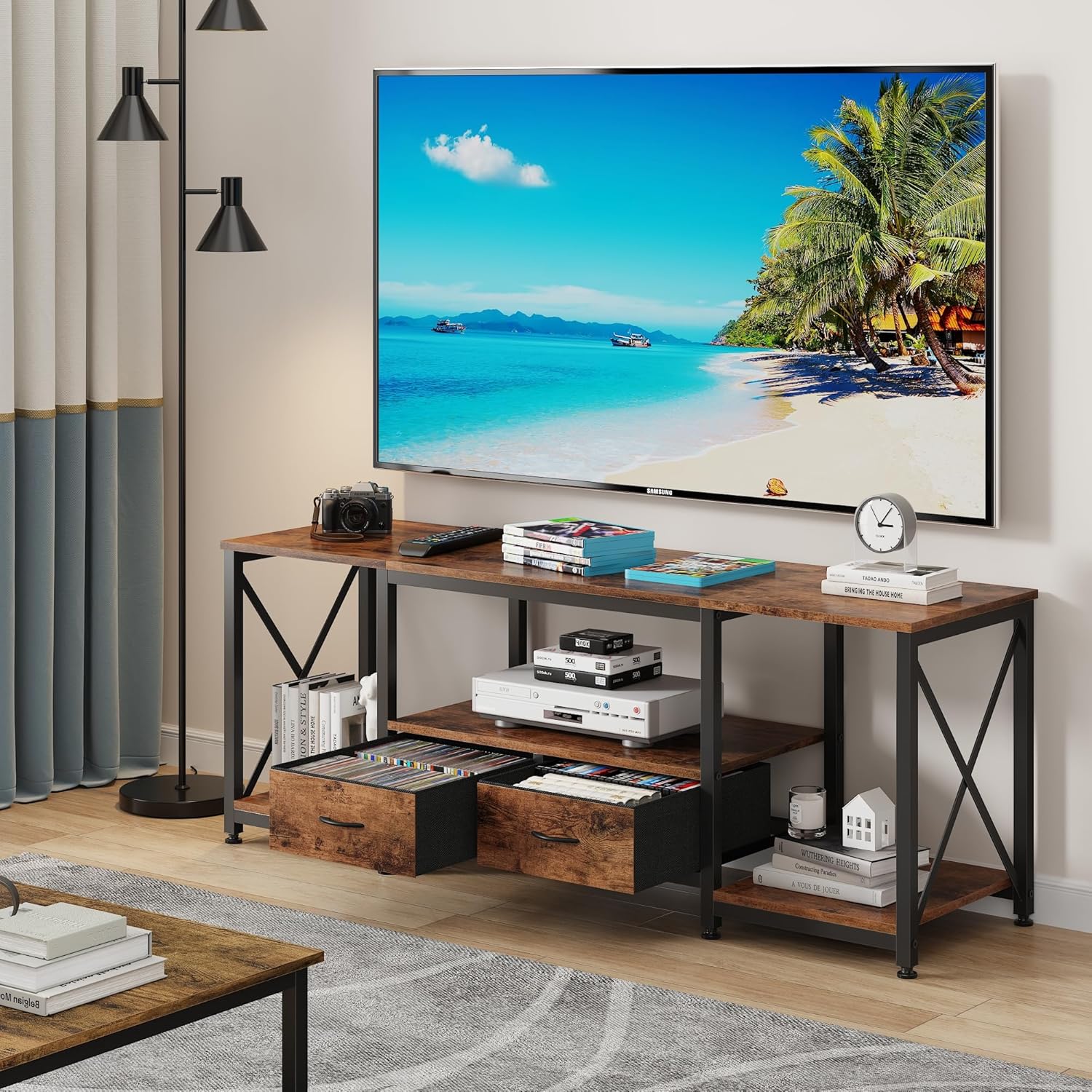 GYIIYUO TV Stand with Fabric Drawers for 65 70 75 Inches TV - Entertainment Center and Industrial TV Console Table with Open Storage Shelves for Living Room, Bedroom - 63" Rustic Brown