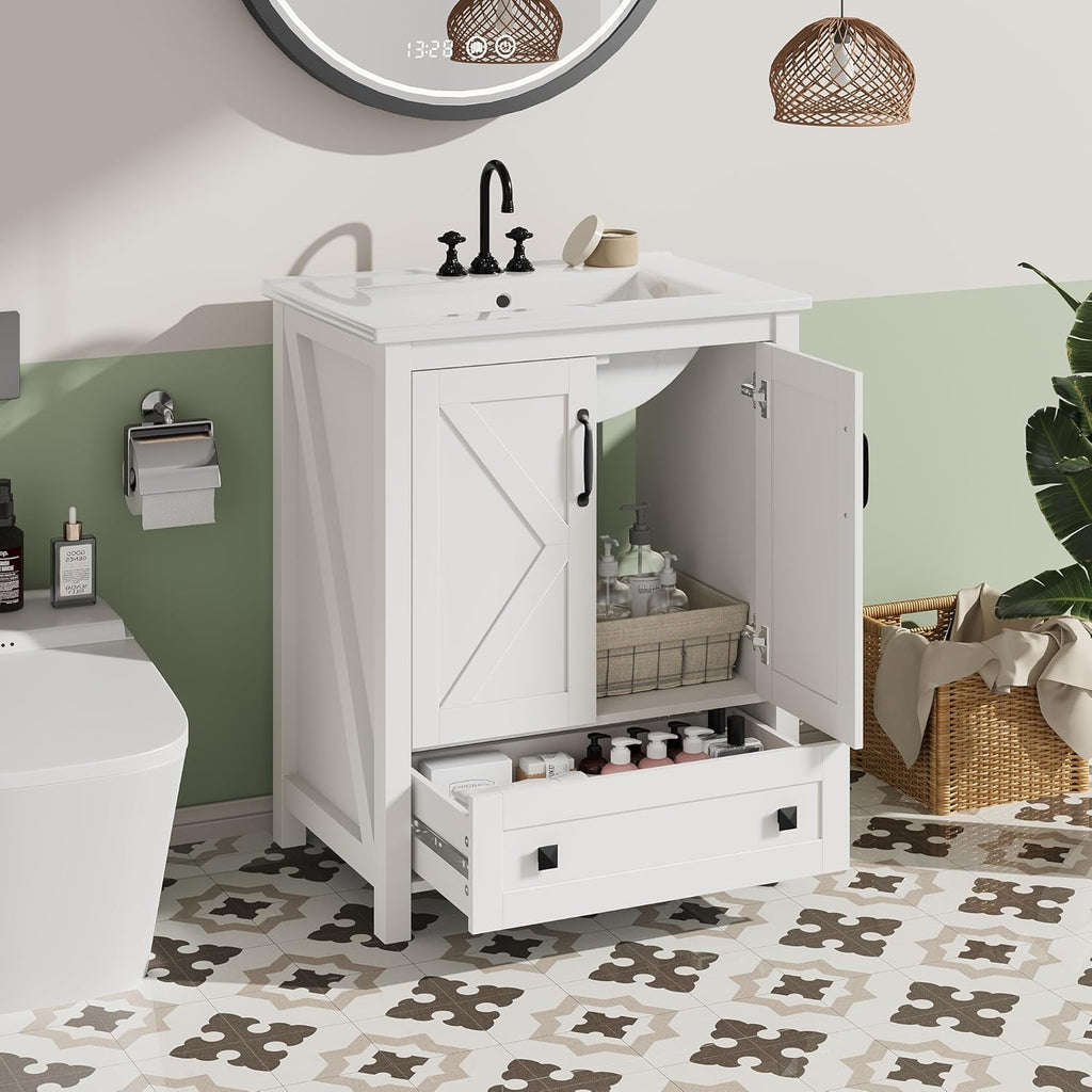 Garvee 24" Bathroom Vanity with Ceramic Sink, Freestanding Vanity with Soft-Close Doors & Storage Drawer, Modern Bathroom Sink Cabinet for Small Space, White