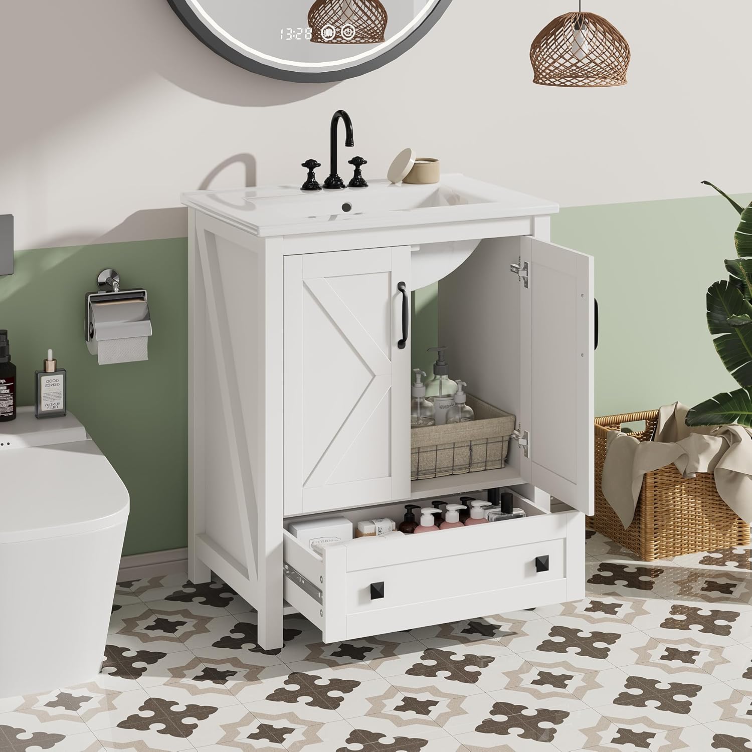 Garvee 24" Bathroom Vanity with Ceramic Sink, Freestanding Vanity with Soft-Close Doors & Storage Drawer, Modern Bathroom Sink Cabinet for Small Space, White