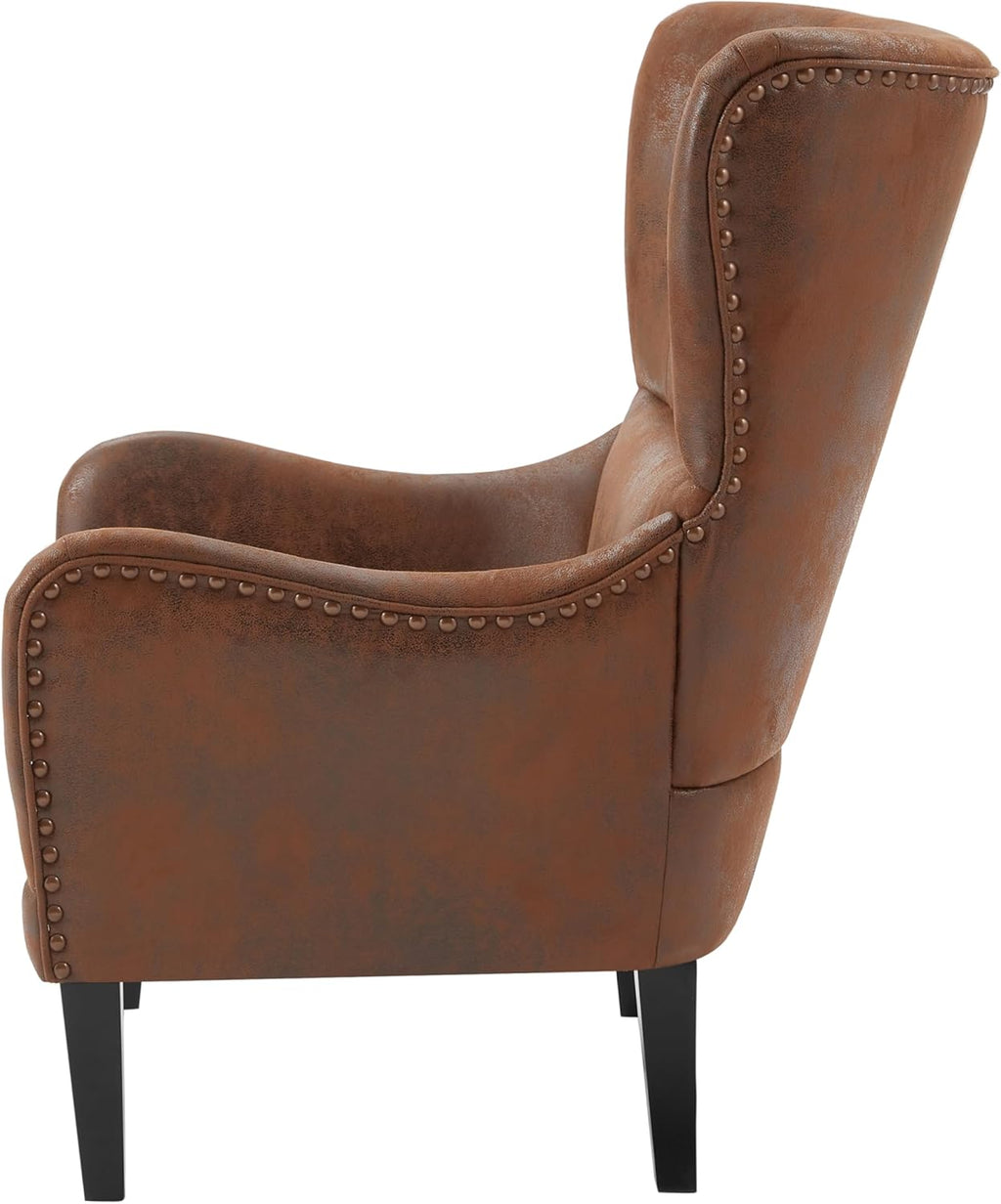 Christopher Knight Home Elber Mid-Century Modern Wingback Accent Chair Set of 2, Faux Suede Fabric Upholstered Club Chairs Set with Cushions, Wooden Comfy Reading Chair for Bedroom Living Room, Brown