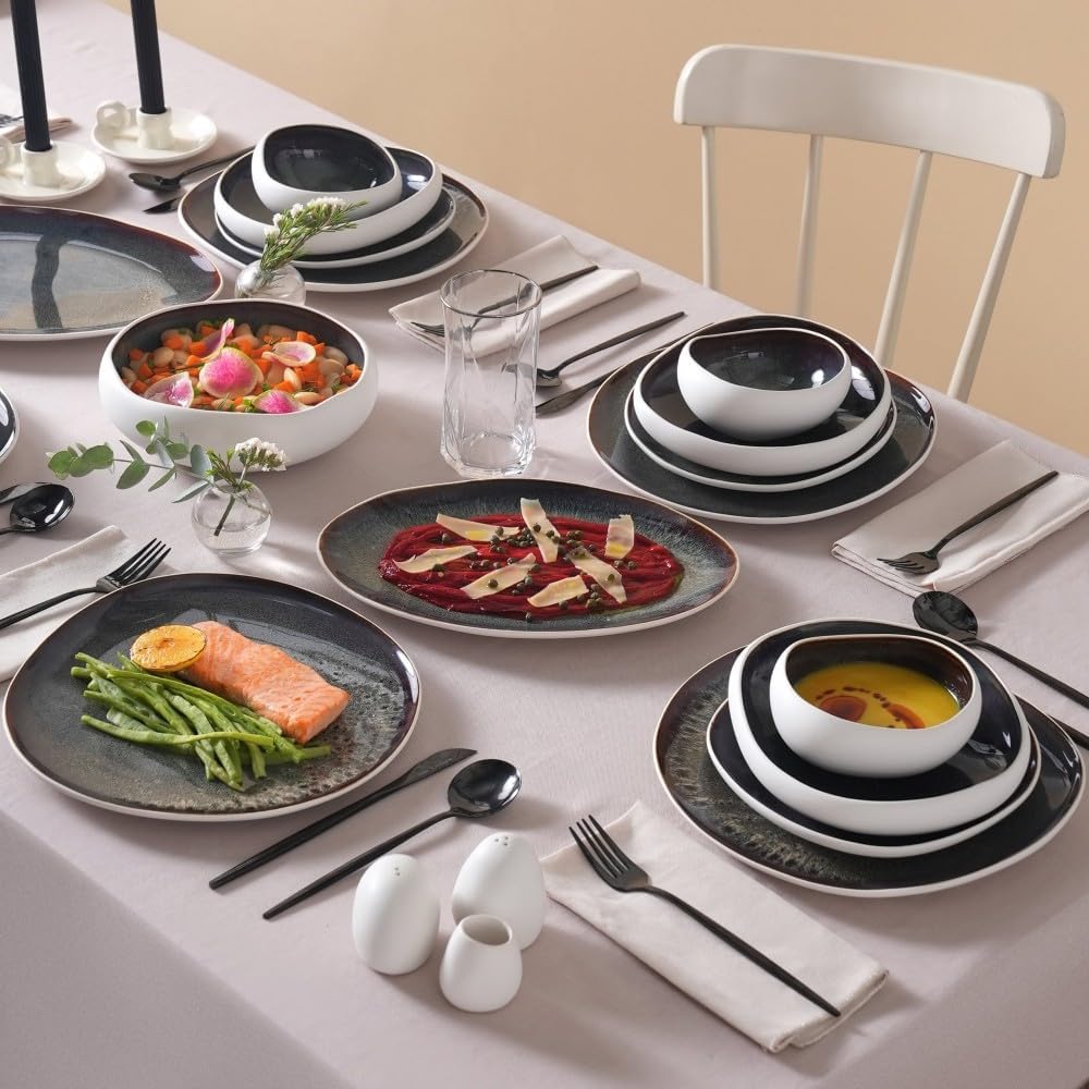 Karaca Earth Collection Galactic 55 Piece Dinner Set for 12 People – Reactive Glaze Stoneware Dinnerware Set, Modern White Tableware, Durable Plates & Bowls Set