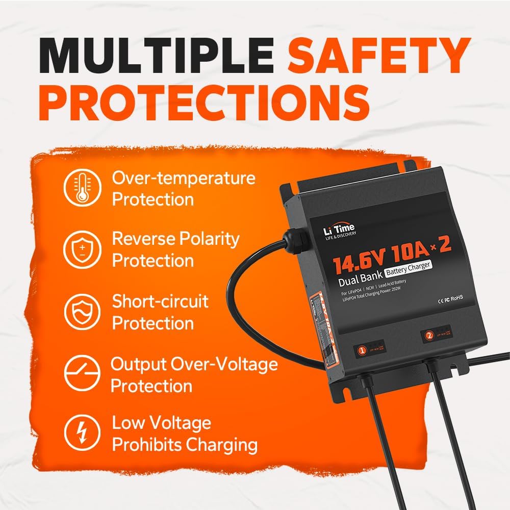 LiTime 2-Bank 10A (10A/Bank) Dual Smart Battery Charger, 14.6V LiFePO4 Battery Charger AC-DC Charger with Fuse, LED Indicator for RV, Boat, Motorcycle, Lawn Mower, Trolling motor and Lead Acid Battery
