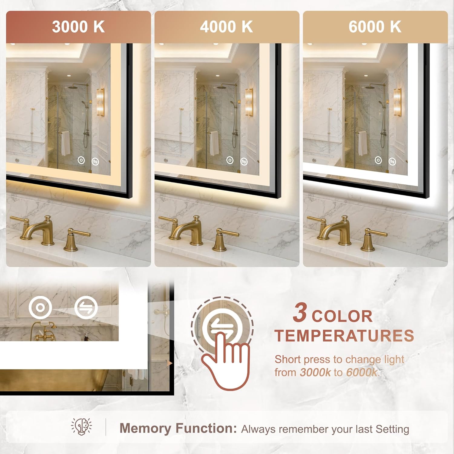 LED Bathroom Mirror with Lights, Black Framed Lighted Vanity Mirror, Front & Backlit, 55"x30", Anti-Fog, Dimmable 3 Color Temperature, Memory, Shatterproof Tempered Glass