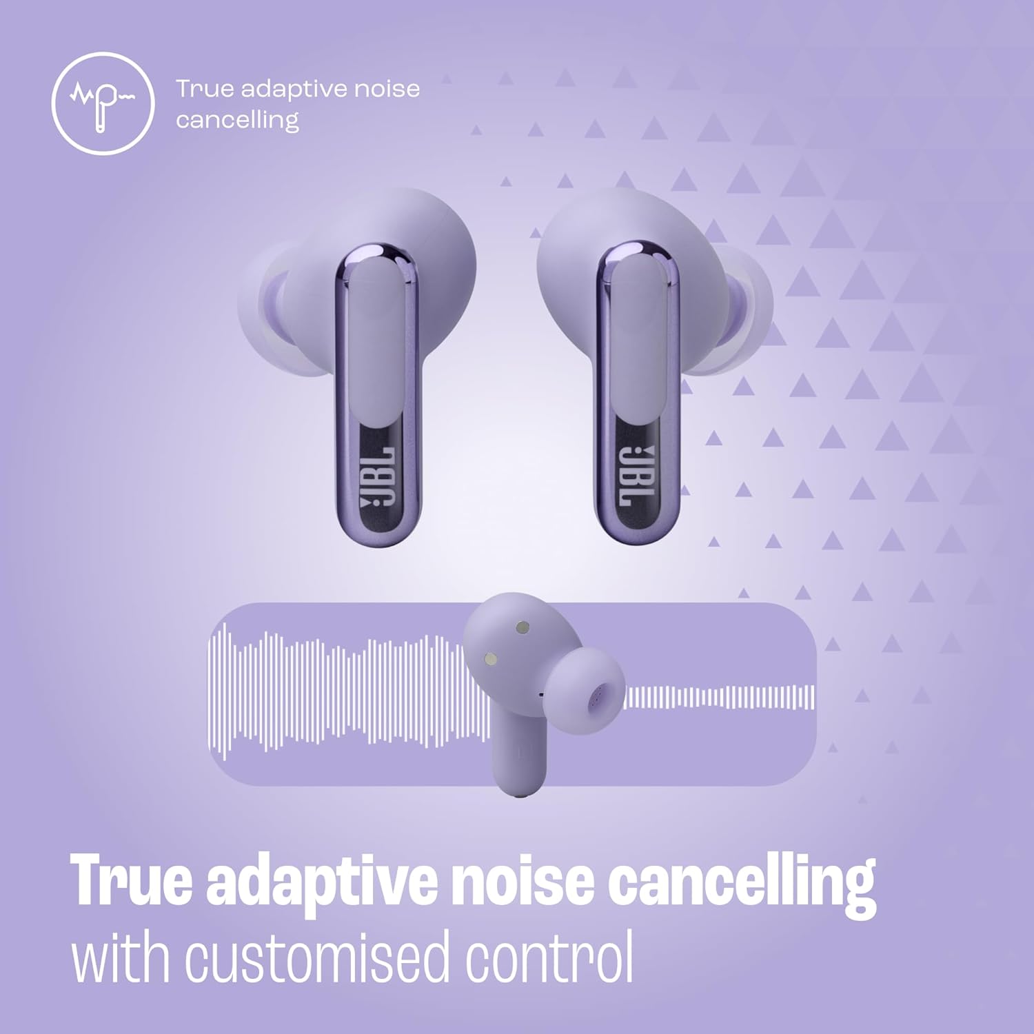 JBL Live Beam 3 - True wireless noise-cancelling stick-closed earbuds, 48Hrs total playback, Wireless Charging, 6 Mics for perfect calls, Multi-point connection, IP55 waterproof and dustproof (Purple)
