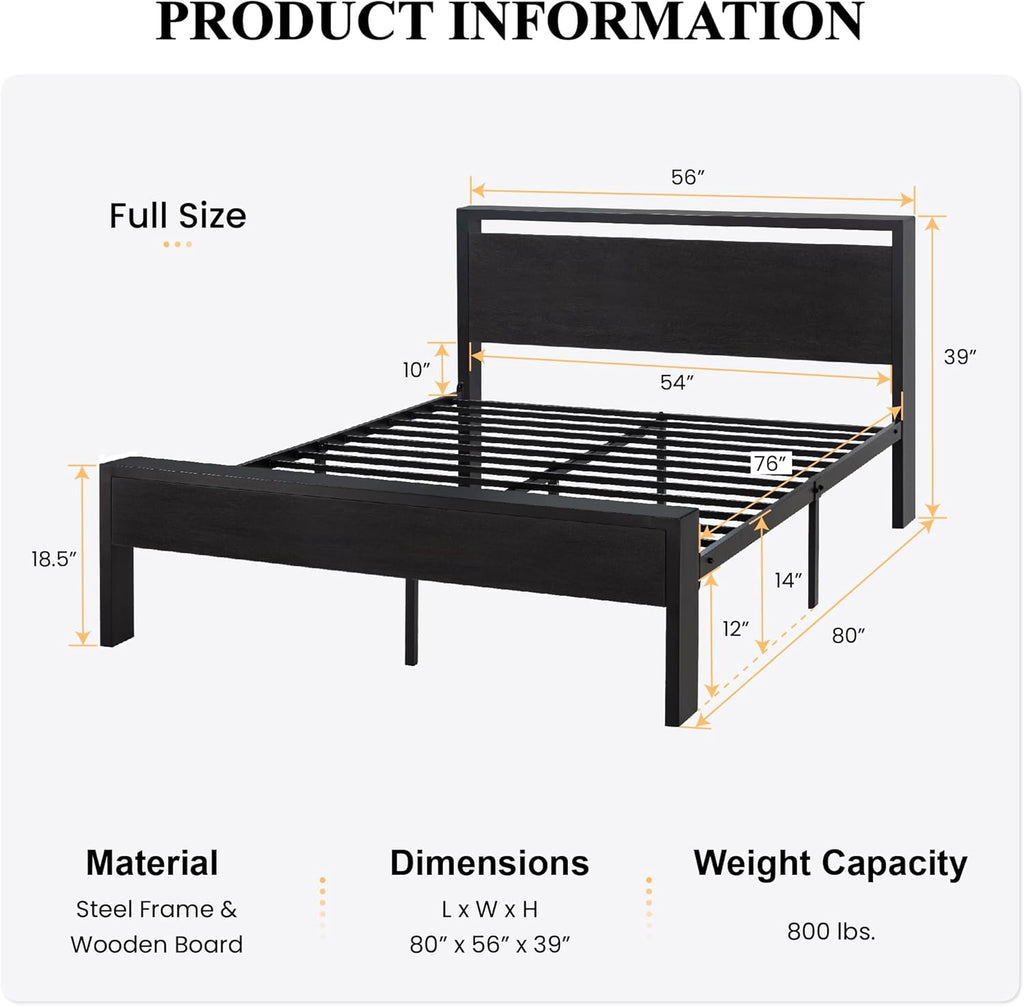 SHA CERLIN 14 Inch Full Size Metal Platform Bed Frame with Wooden Headboard and Footboard, Mattress Foundation, No Box Spring Needed, Large Under Bed Storage, Non-Slip Without Noise, Black Oak