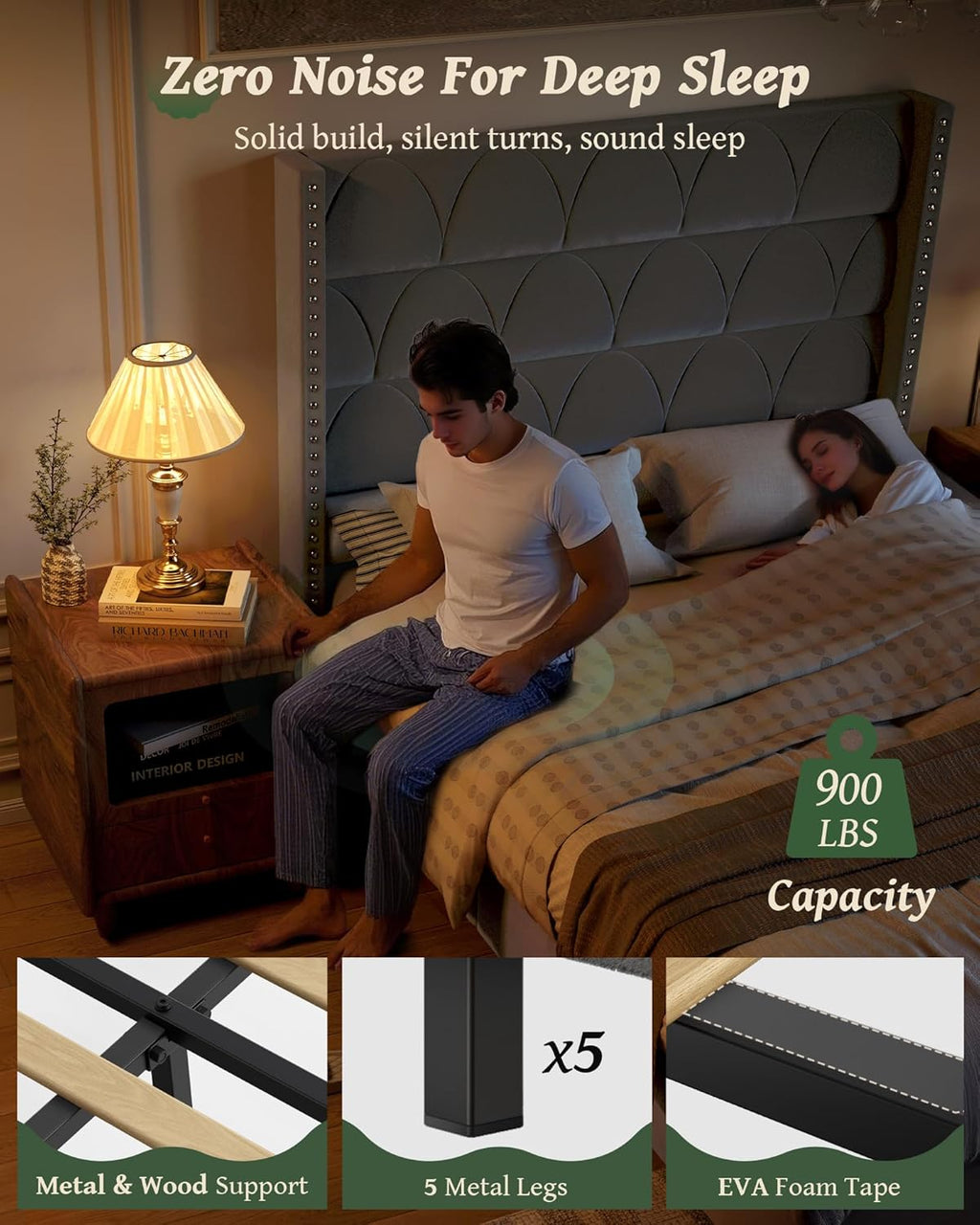 OHOHOLIVE Queen Size Bed Frame with 56" Headboard - Velvet Upholstered Wingback Platform Bed Frame, Noise Free, Sturdy Wooden Slat Support (Deep Gray, Queen)