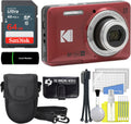 Kodak PIXPRO FZ55 Red 16MP Digital Camera 5X Optical Zoom 28mm Wide Angle 1080P Full HD Video 2.7" LCD Camera + 64GB Card and Reader + Case + Memory Wallet + Tripod + Cleaning Bundle