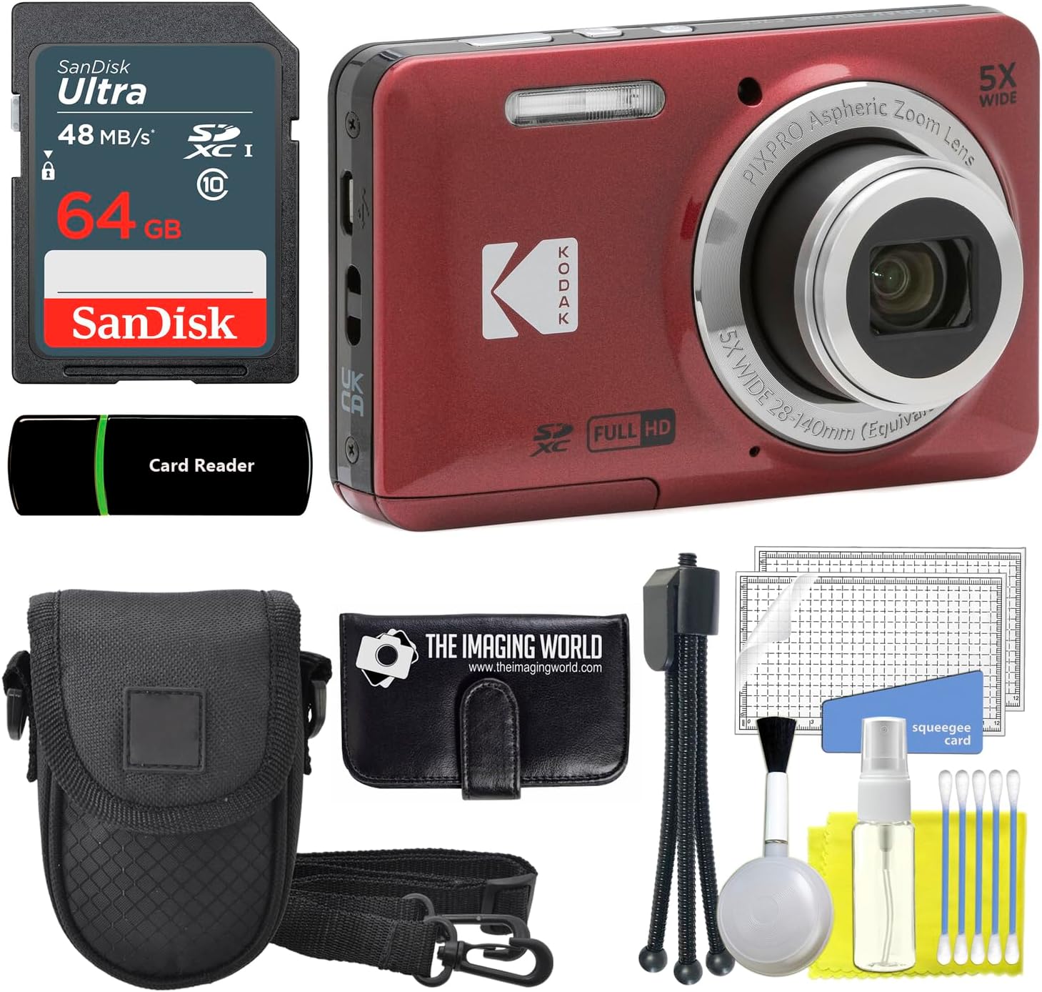 Kodak PIXPRO FZ55 Red 16MP Digital Camera 5X Optical Zoom 28mm Wide Angle 1080P Full HD Video 2.7" LCD Camera + 64GB Card and Reader + Case + Memory Wallet + Tripod + Cleaning Bundle