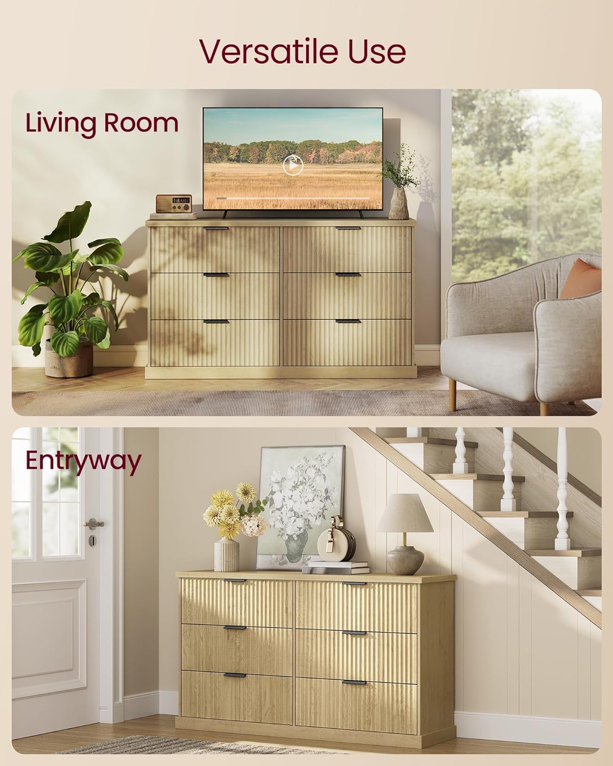 VASAGLE MAXE Collection - 6-Drawer Double Dresser for Bedroom, 54.2-Inch Wide Chest of Drawers, Fluted Panels, Mid Century Modern Storage Dresser, TV Stand for Living Room, Oak Beige ULTS662YC01S