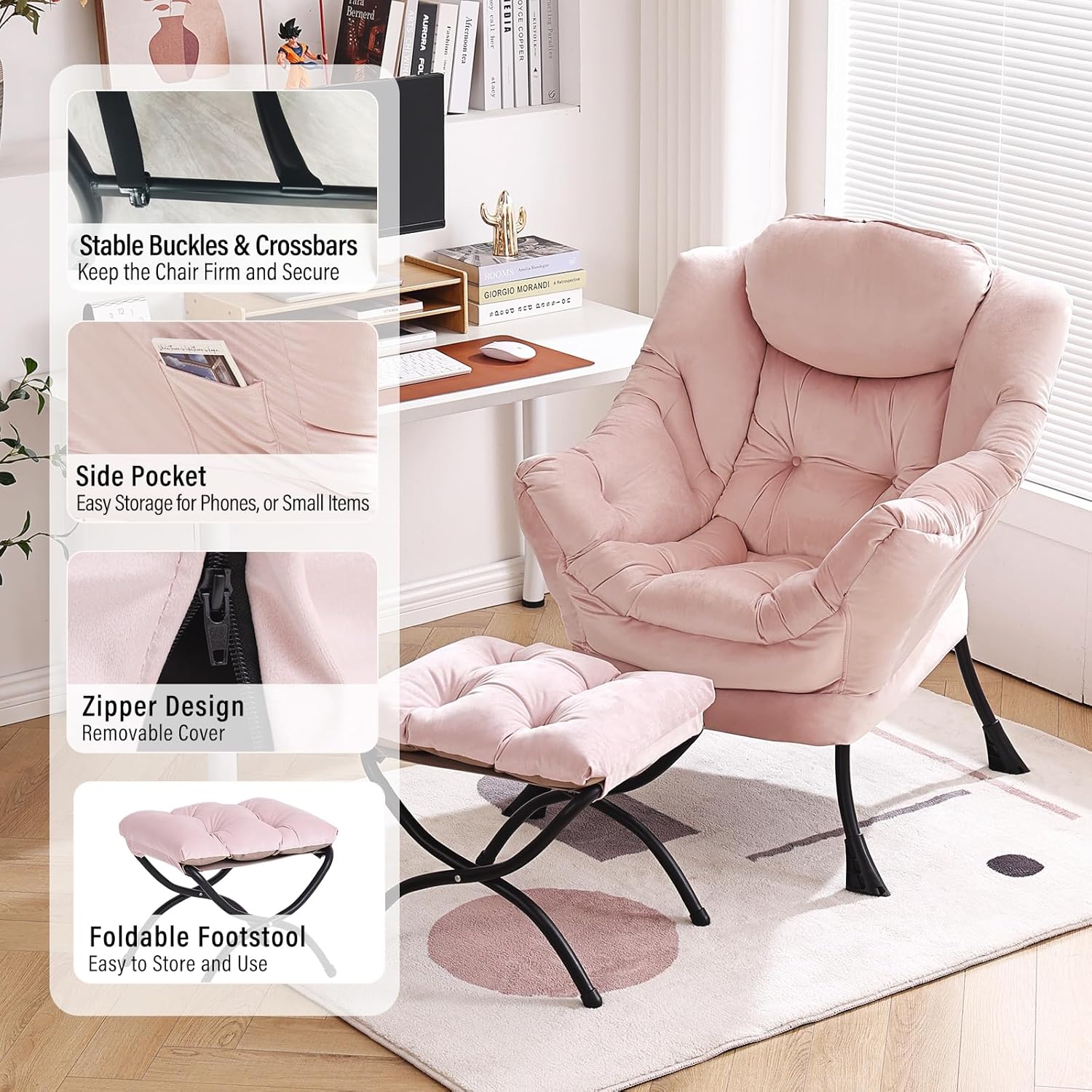 Furlide Lazy Chair with Ottoman, Modern Chair with Folding Footrest, Lounge Accent Chair, Comfortable Reading Chair, Oversized Armchairs for Bedroom, Study, Living Room, Courtyard (Pink)
