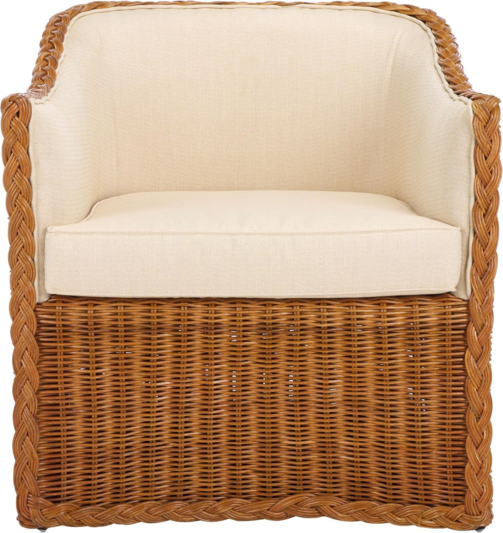 SAFAVIEH Couture Collection Sharon Natural Rattan/Beige Linen Cushion Accent Chair (Fully Assembled)