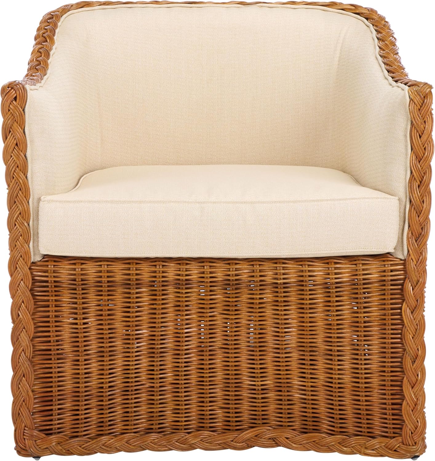 SAFAVIEH Couture Collection Sharon Natural Rattan/Beige Linen Cushion Accent Chair (Fully Assembled)