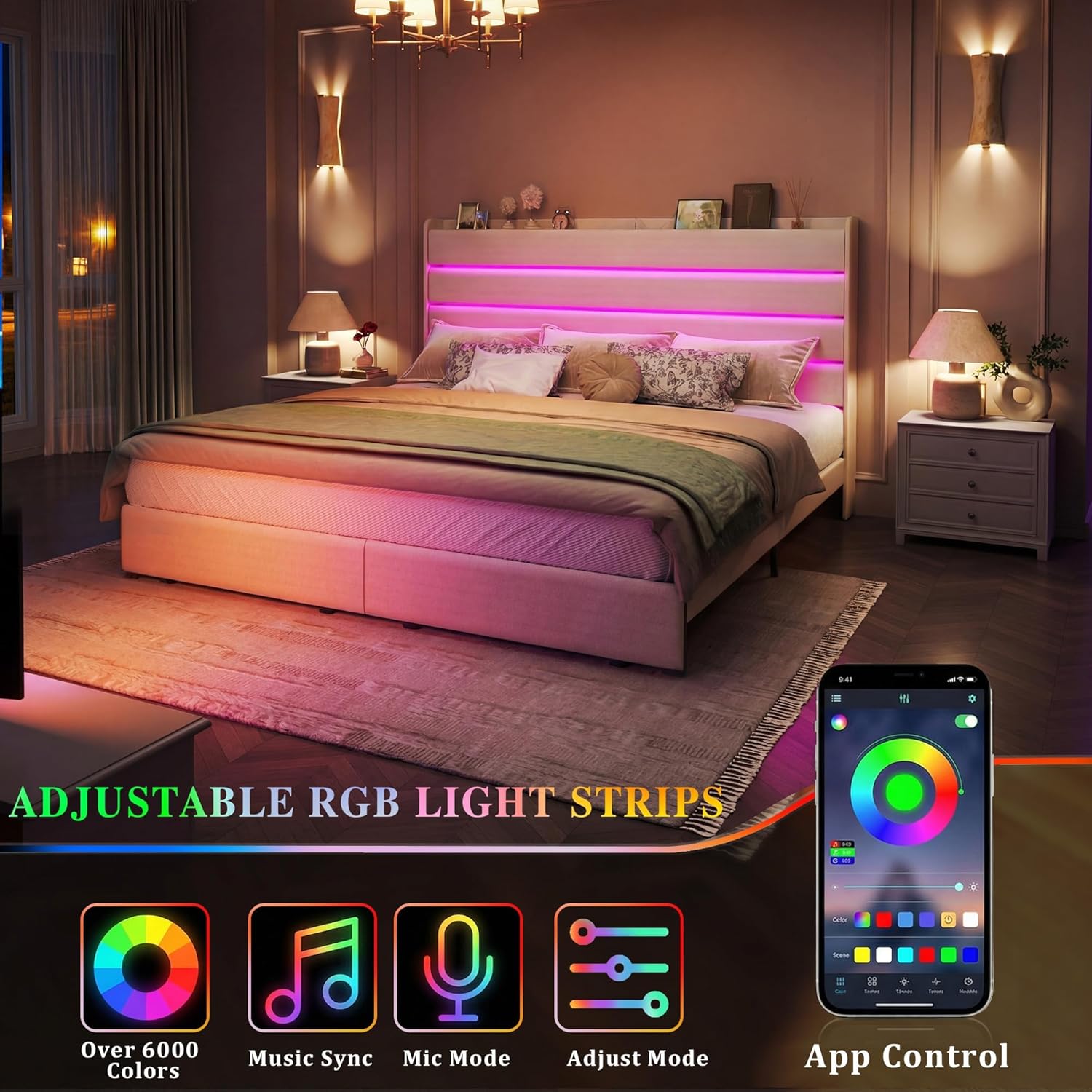 Queen Bed Frame with 2 Storage Drawers, Velvet Upholstered Bed Frame Queen Size Upholstered Headboard with LED Light & Charging Station, Platform Bedframe with Metal Slats, No Box Spring Needed, White