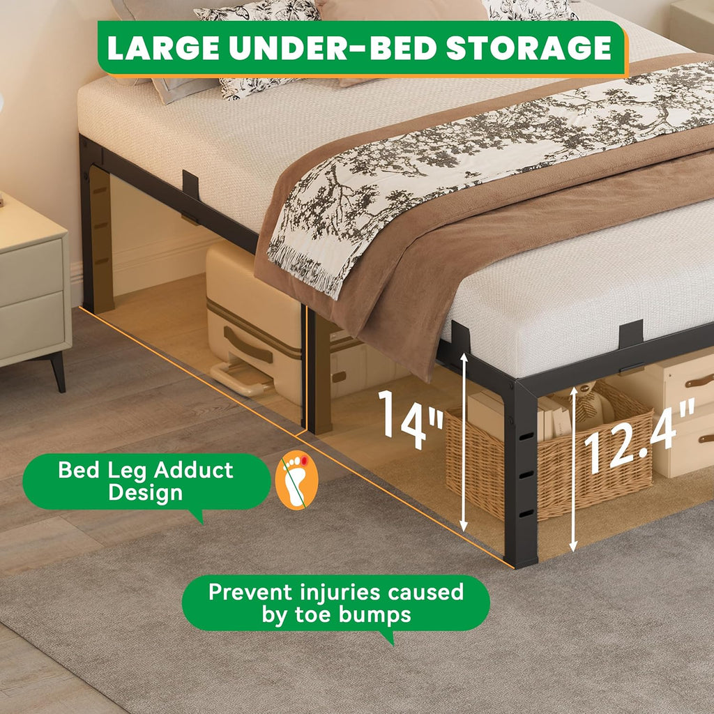 14 Inch King Size Bed Frames, Heavy Duty Metal King Platform 3500 lbs Capacity, No Box Spring Needed, 6 Mattress Slide Stopper, Headboard Holes, Noise-Free, Easy Assembly
