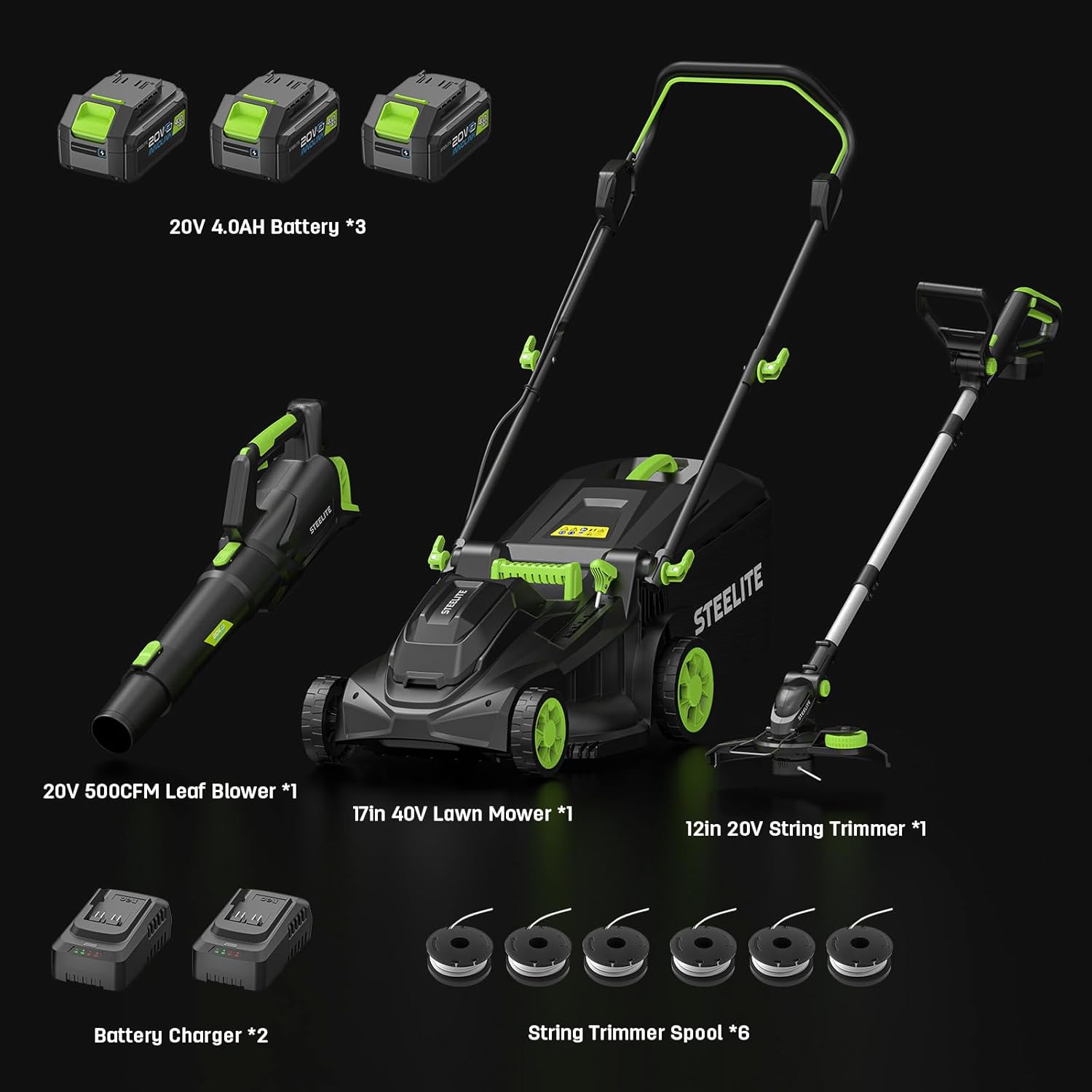STEELITE 40V 17" Electric Lawn Mower & 12" String Trimmer & 500CFM Leaf Blower Combo Set, 3-in-1 Yard Care Kit with 3x4.0Ah Batteries & Dual Chargers