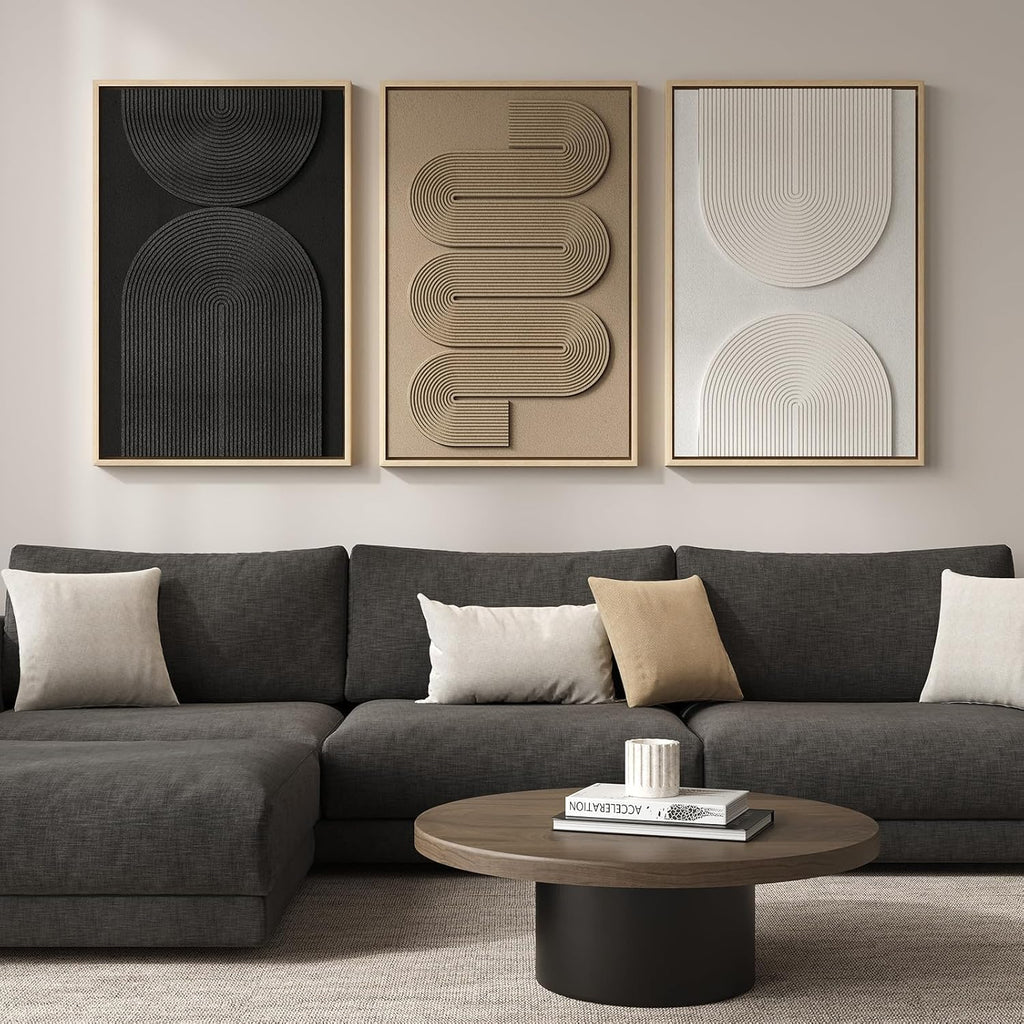 Large 3D Textured Framed Boho Modern Neutral Abstract Wall Art for Living Room, 3 Piece Black White Brown Paintings Artwork for Walls, Geometric Pictures for Office Bedroom Dining Room Decor, 24x36 In
