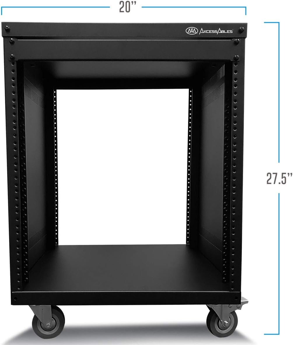 AxcessAbles 12U AV Equipment Rack | 19-Inch Steel Open Frame Home Studio Rack with 3” Caster Wheels | Universal Case for Studio, Server, Network Gear | 550lb Capacity | Screws, Spacer, Tool Included