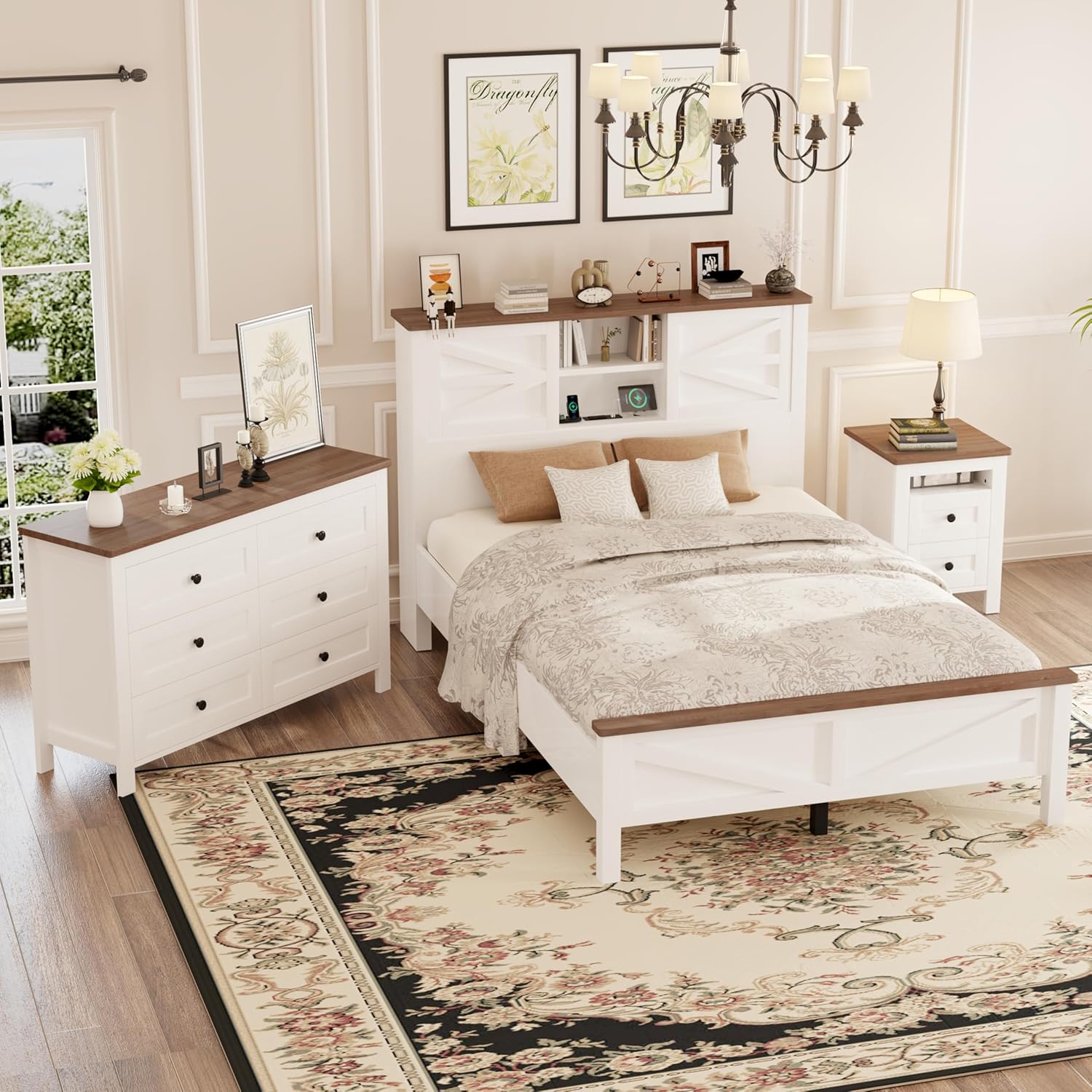 LUMISOL 3-Piece Full Size Bedroom Set, Rustic Wooden Platform Bed with Storage Headboard & Charging Stations, a Nightstand and Dresser, Full Size Farmhouse Bedroom Furniture Set, White