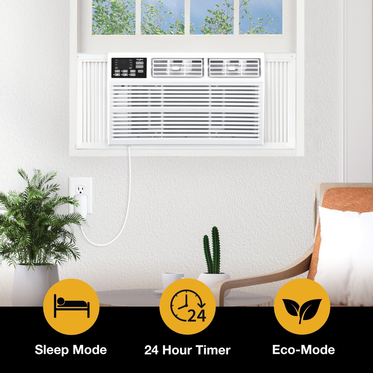 Whirlpool 10,000 BTU Window Air Conditioner with Dehumidifier, 115V, Window AC for Rooms up to 450 Sq. Ft., Living Room, Bedroom, or Kitchen, with Remote Control, Digital Display, and 24H-Timer, White