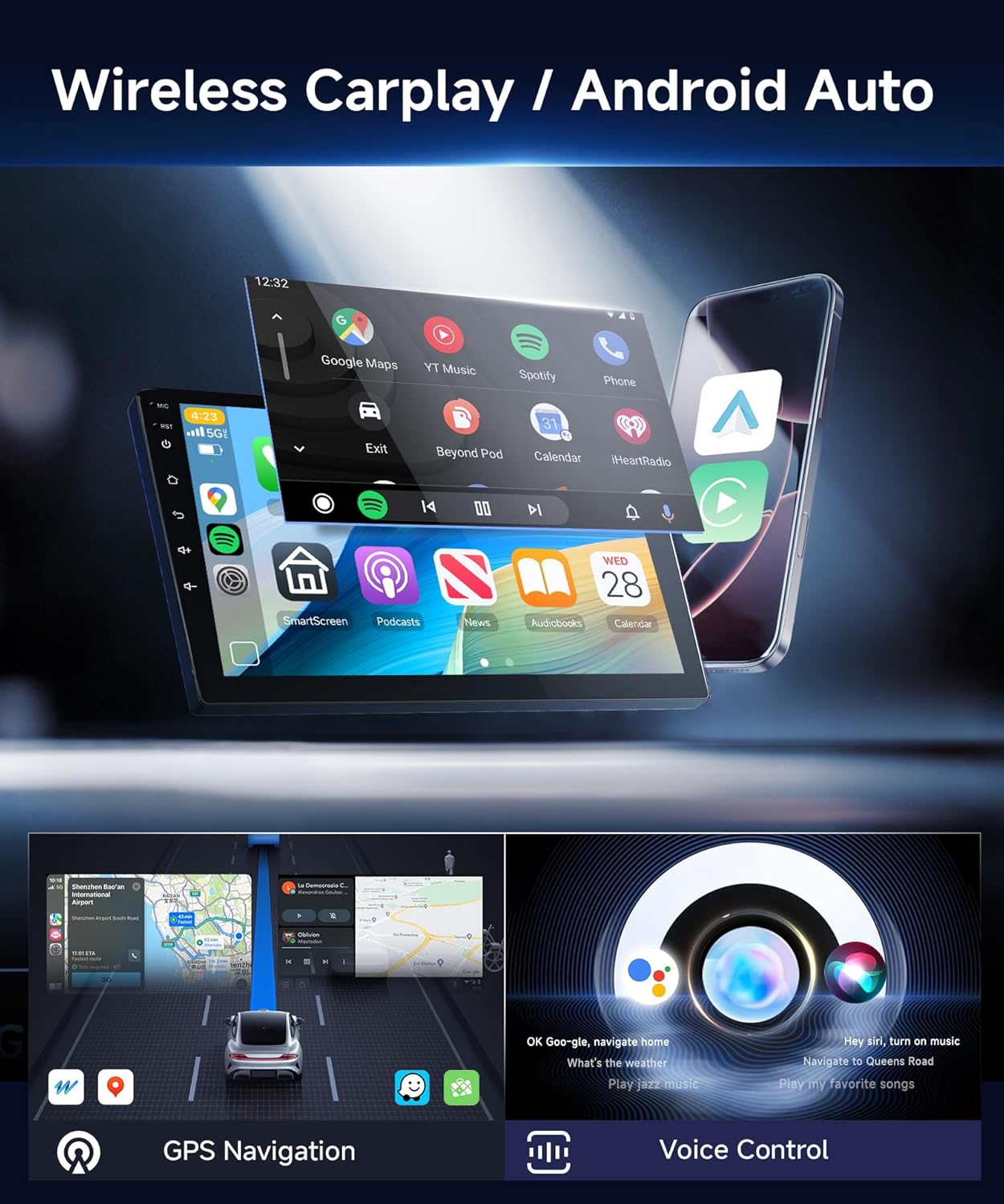 Qualcomm 8Core 4+64G Car Stereo for Honda Odyssey 2005-2010 Wireless CarPlay/Android Auto Android Radio with 10.1" IPS Touch Screen,BT5.1,DSP Hi-Res,GPS,5G WiFi,Backup Camera,Online Upgrade