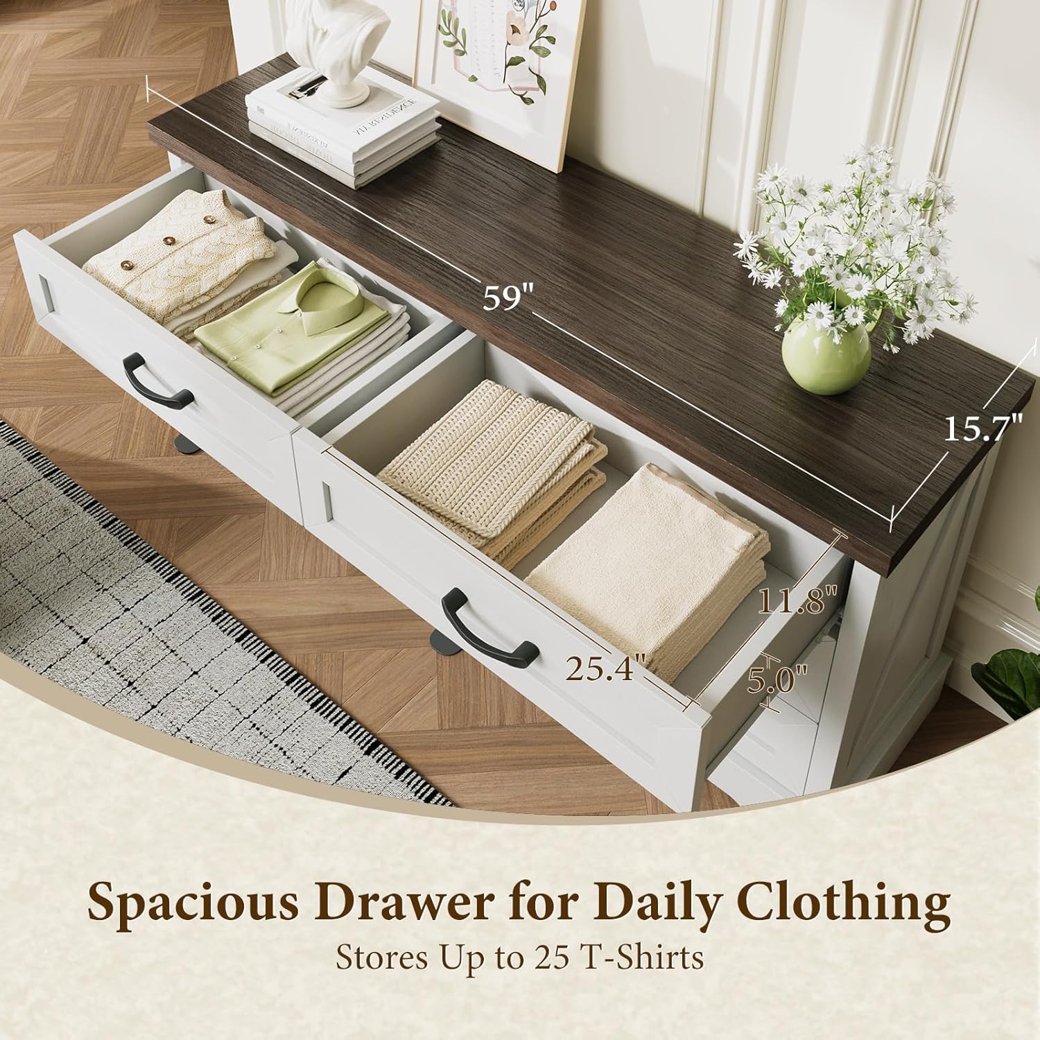 AODK Farmhouse 6-Drawer Dresser for Bedroom, Heavy-Duty Storage Chest with Extra Thick Boards & Metal Handles, Sturdy Chest of Drawers, Anti-Tipping Safety Certified, White & Walnut