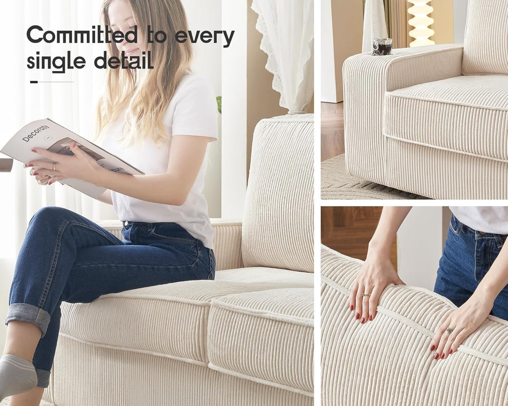 AMERLIFE Corduroy Sofa Chair, Modern Comfy Accent Chair with Cup Holders & USB Ports, Upholstered Living Room Chair, Beige
