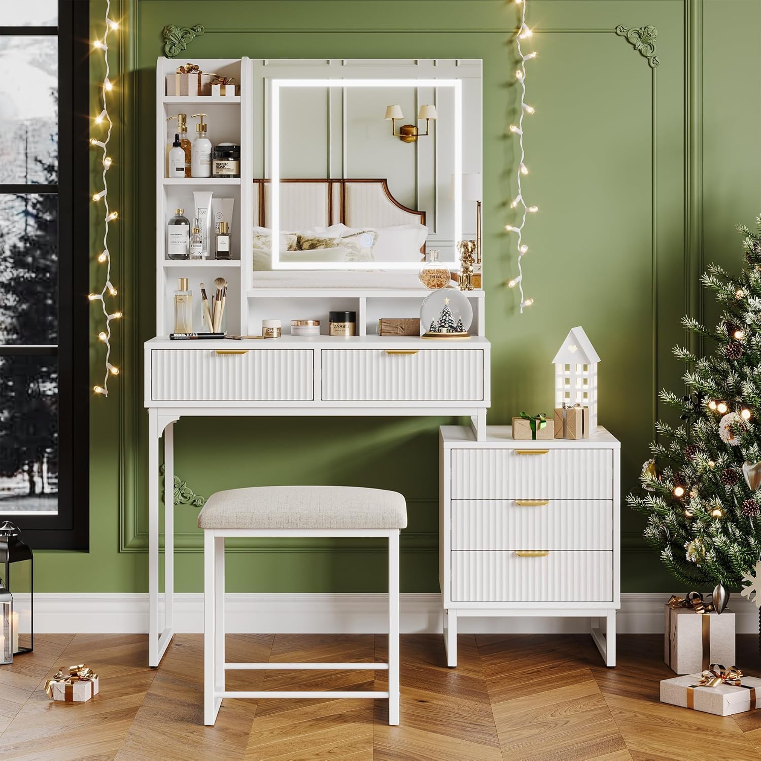 GarveeHome Makeup Vanity Desk with Mirror and Lights, 5-Drawer Vanity Table with Stool and Removable Side Storage Cabinet, Space-Saving Vanity Set for Bedroom