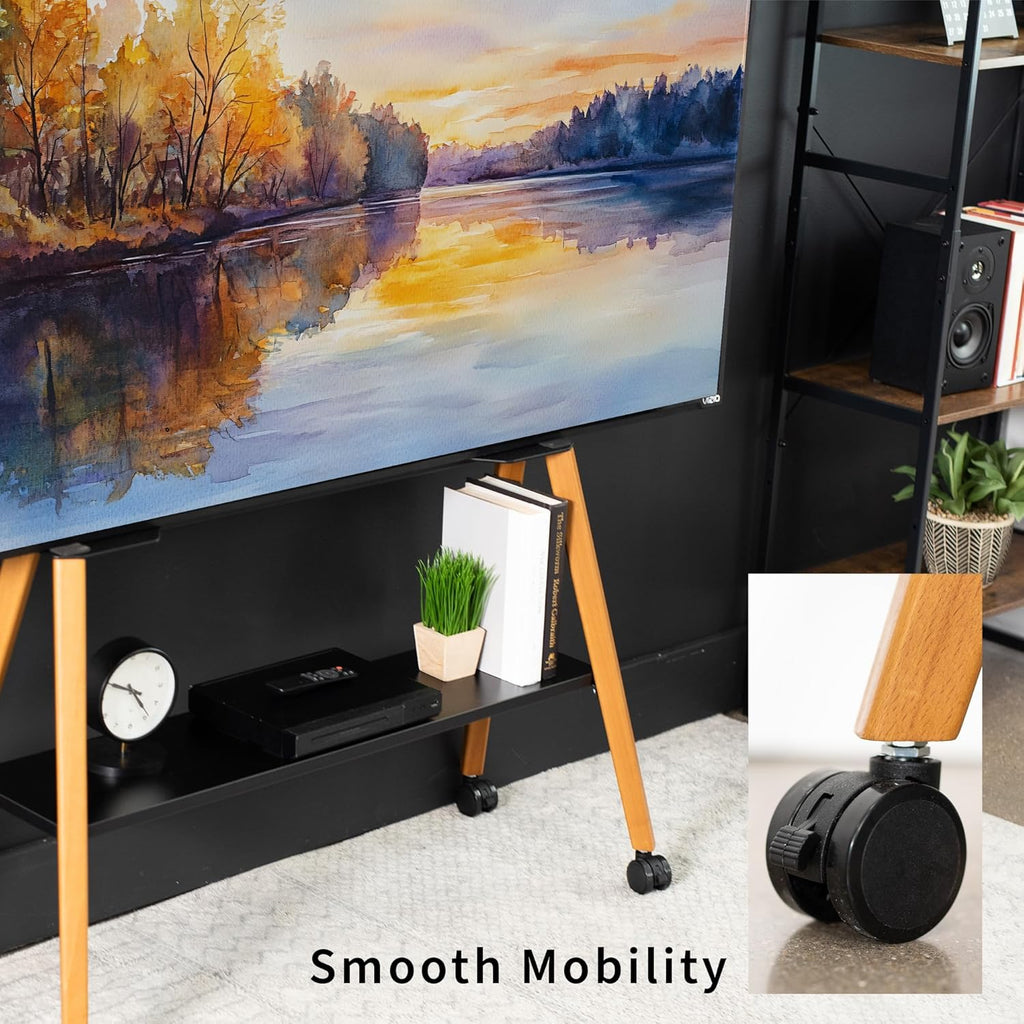 VIVO Rolling Artistic 43 to 75 inch LED LCD Screen Mobile Studio TV Easel Stand, Wood Accessory Shelf, Adjustable TV Mount with 4 Walnut Legs, Black Frame, STAND-TV75R