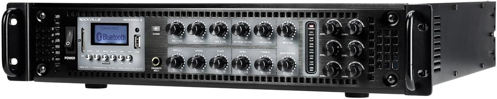 Rockville RCS1000-6 1000W 6-Zone Commercial Amplifier, Bluetooth, USB/SD Inputs, Echo Mic Controls, 70V/100V/8-Ohm Compatibility, Perfect for Restaurants, Schools, and Conference Rooms