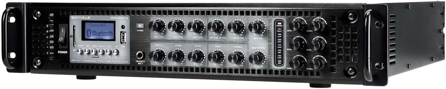 Rockville RCS1000-6 1000W 6-Zone Commercial Amplifier, Bluetooth, USB/SD Inputs, Echo Mic Controls, 70V/100V/8-Ohm Compatibility, Perfect for Restaurants, Schools, and Conference Rooms