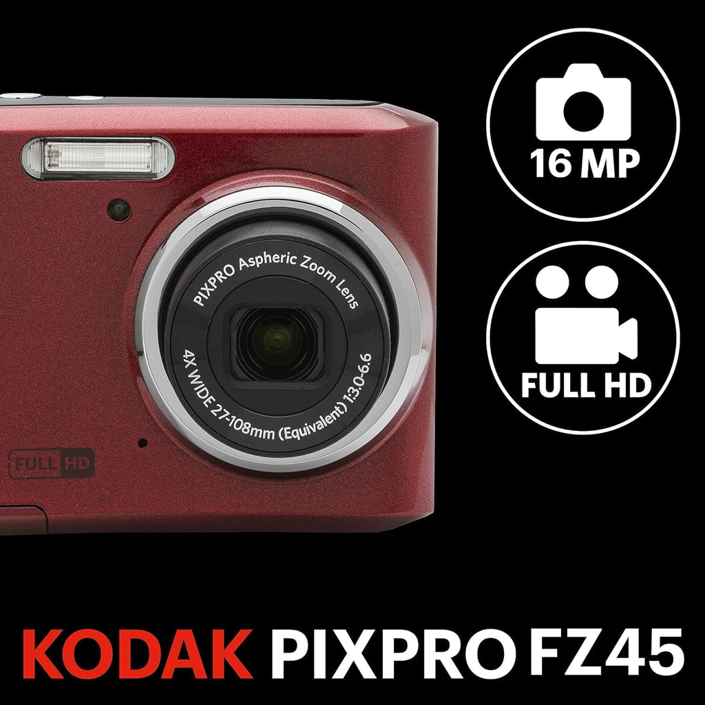 Kodak PIXPRO FZ45 Digital Camera, 16MP Point & Shoot with 4X Optical Zoom, 27mm Wide Angle, 2.7 Inch LCD, 1080p Video, Red