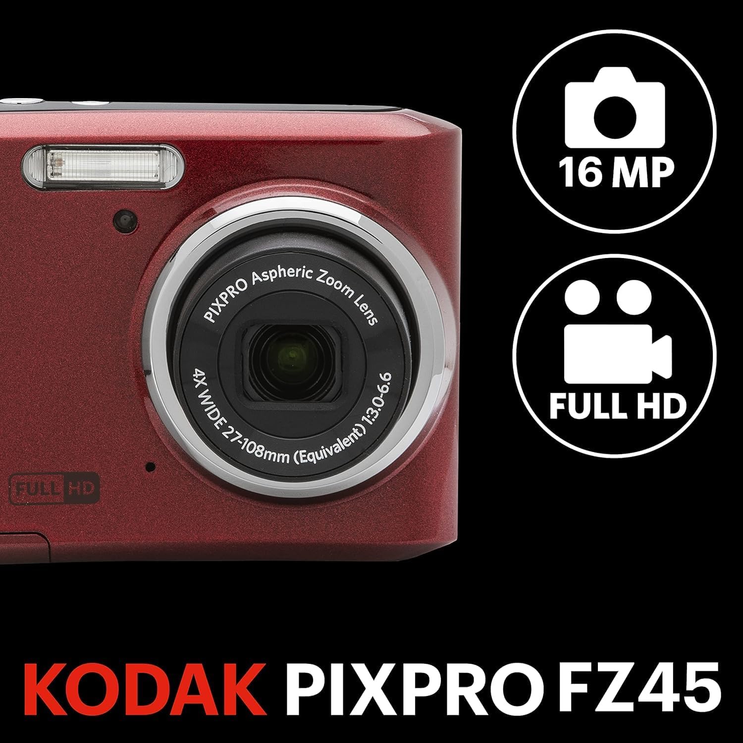 Kodak PIXPRO FZ45 Digital Camera, 16MP Point & Shoot with 4X Optical Zoom, 27mm Wide Angle, 2.7 Inch LCD, 1080p Video, Red