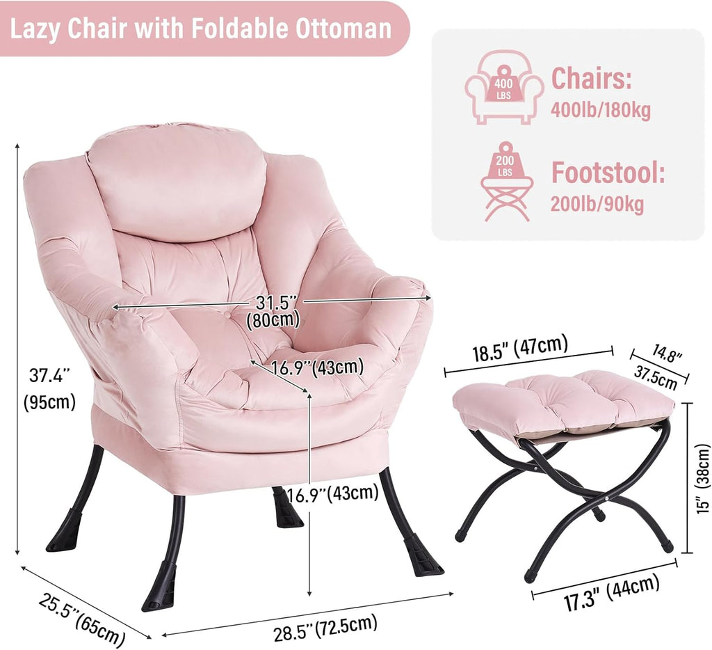 Furlide Lazy Chair with Ottoman, Modern Chair with Folding Footrest, Lounge Accent Chair, Comfortable Reading Chair, Oversized Armchairs for Bedroom, Study, Living Room, Courtyard (Pink)