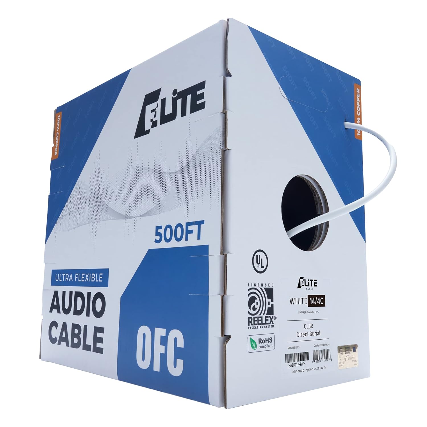 14/4 Audio Speaker Wire Cable, 14AWG/4-Conductor, UL Listed, CMR/CL3R, (Riser/in-Wall & Outdoor/In-Ground (Direct Burial)- 100% Oxygen Free Pure Bare Copper (OFC), 500ft, 105 Strands, White