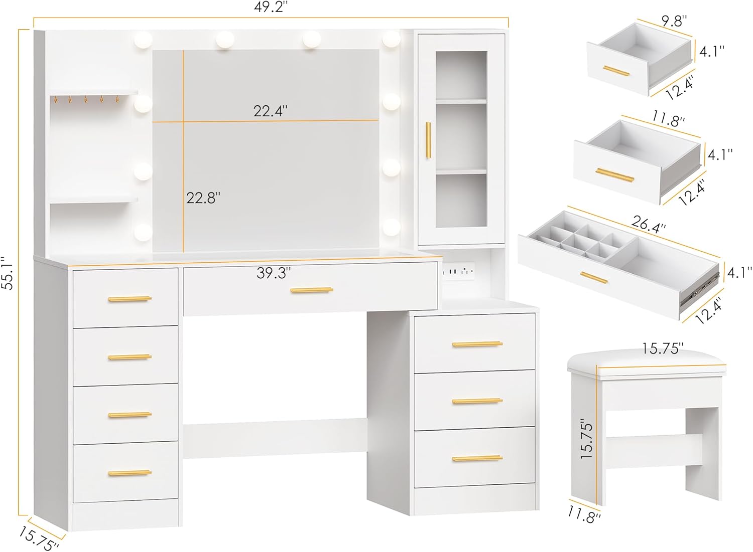 ANWBROAD 49.2" Large Vanity Desk with Mirror and Lights White Makeup Vanity Desk with Glass Top and Power Outlet 8 Drawers Nightstand 5 Hooks Vanity Table with Stool for Bedroom Women Girls UBDT88W