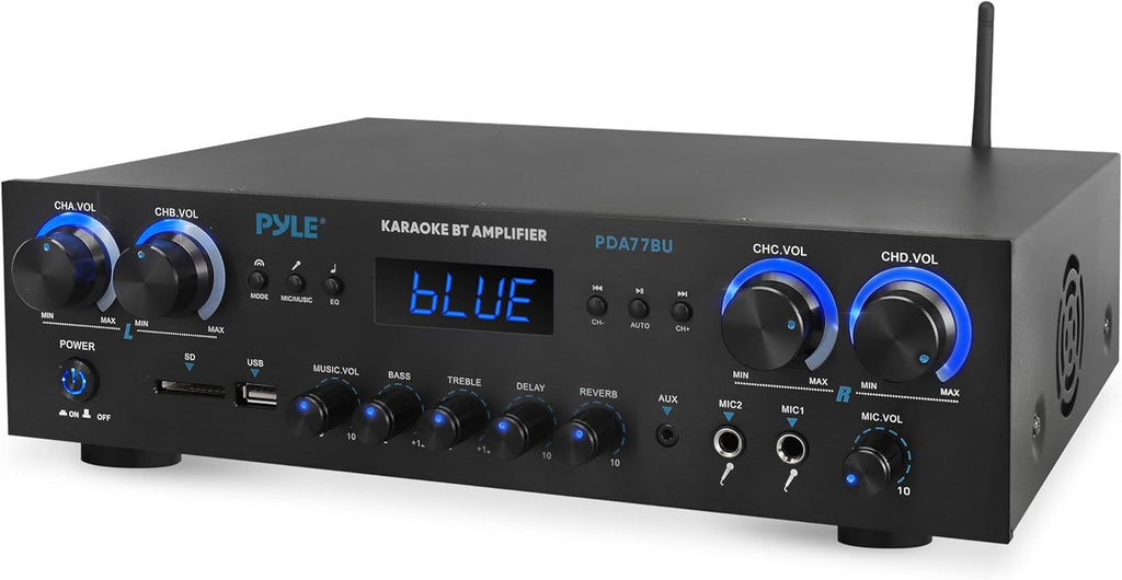 Pyle Home Stereo Receiver with Bluetooth - 4 Channel Amplifier, 800 Watt Max, USB-A Input w MP3 Player, Easy Karaoke Setup with Mic Vol, Reverb and Delay, RCA in/Out, SD Card, FM Radio - PDA77BU