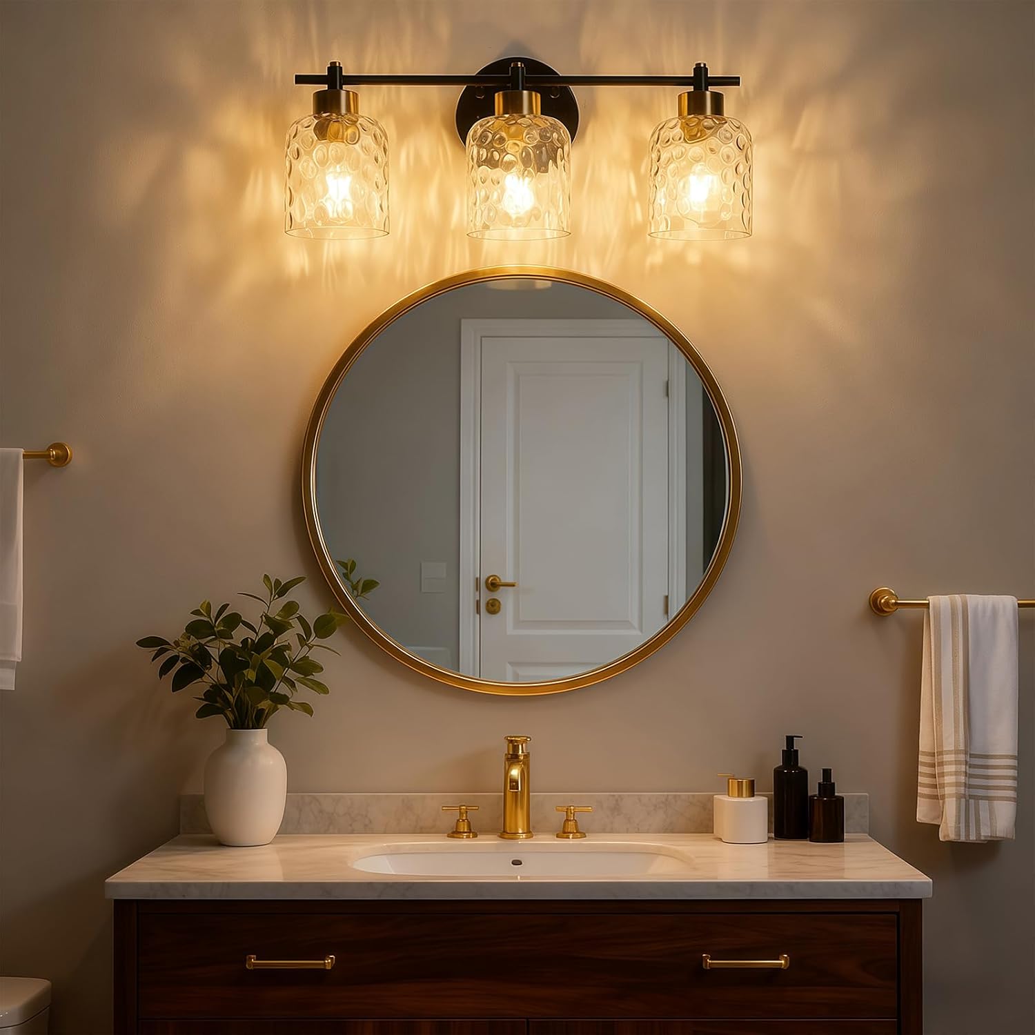 Bathroom Light Fixtures with Hammered Glass, 21.2" 3 Light Farmhouse Vanity Lights for Bathroom, Rustic Black and Gold Vanity Lighting Fixtures Over Mirror Makeup Room