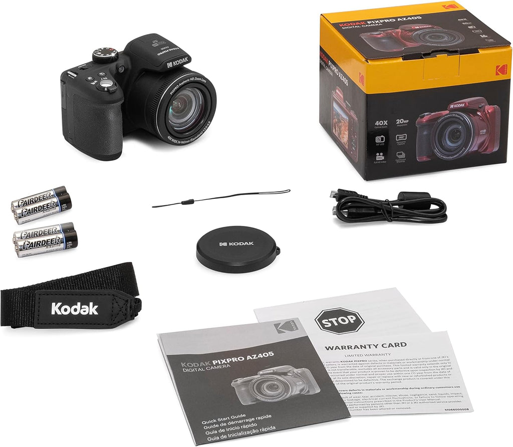 Kodak PIXPRO AZ405 Digital Camera, 40x Optical Zoom Bridge with 20MP Sensor, AA Batteries, OIS, 1080p Full HD Video, Black