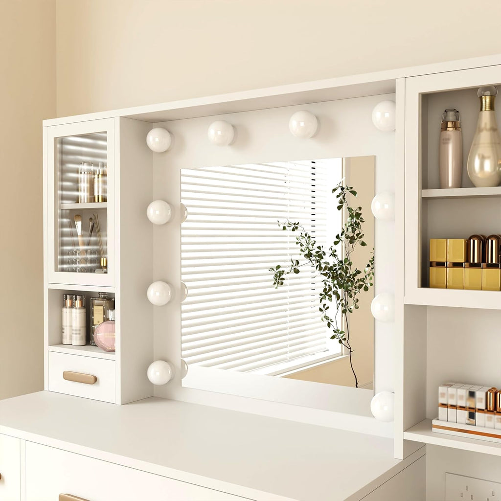 DYHOME Large Vanity Desk with LED Light Mirror & Power Outlet, 3 Lighting Modes, Adjustable Bright, White Makeup Vanity, 7 Drawers, 3 Storage Cabinet, Dressing Table for Women, Girls, Teens, Bedroom