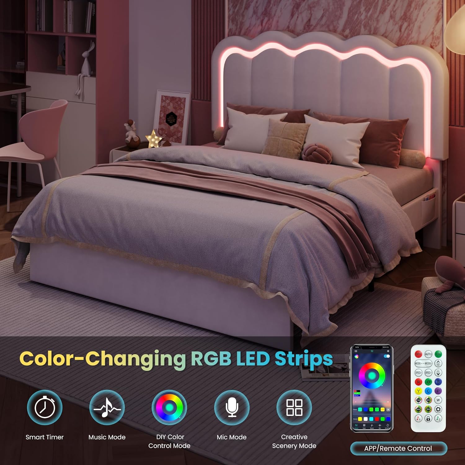 SHA CERLIN Upholstered Queen Size Bed Frame with LED Lights and Large Storage Drawer, Velvet Platform Bed with Adjustable Wavy Headboard, Noise Free, Easy Assembly, No Box Spring Needed, Soft White