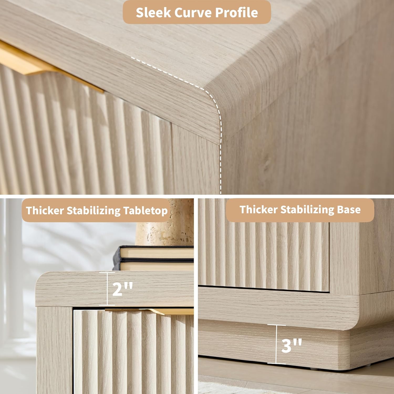YANSNWO Modern Fluted Dresser and Nightstand Sets, Including 52" W 8 Drawer Dresser and Nightstands Set of 2 with Drawer & Charging Station, Bedroom Set for Home, White Alder
