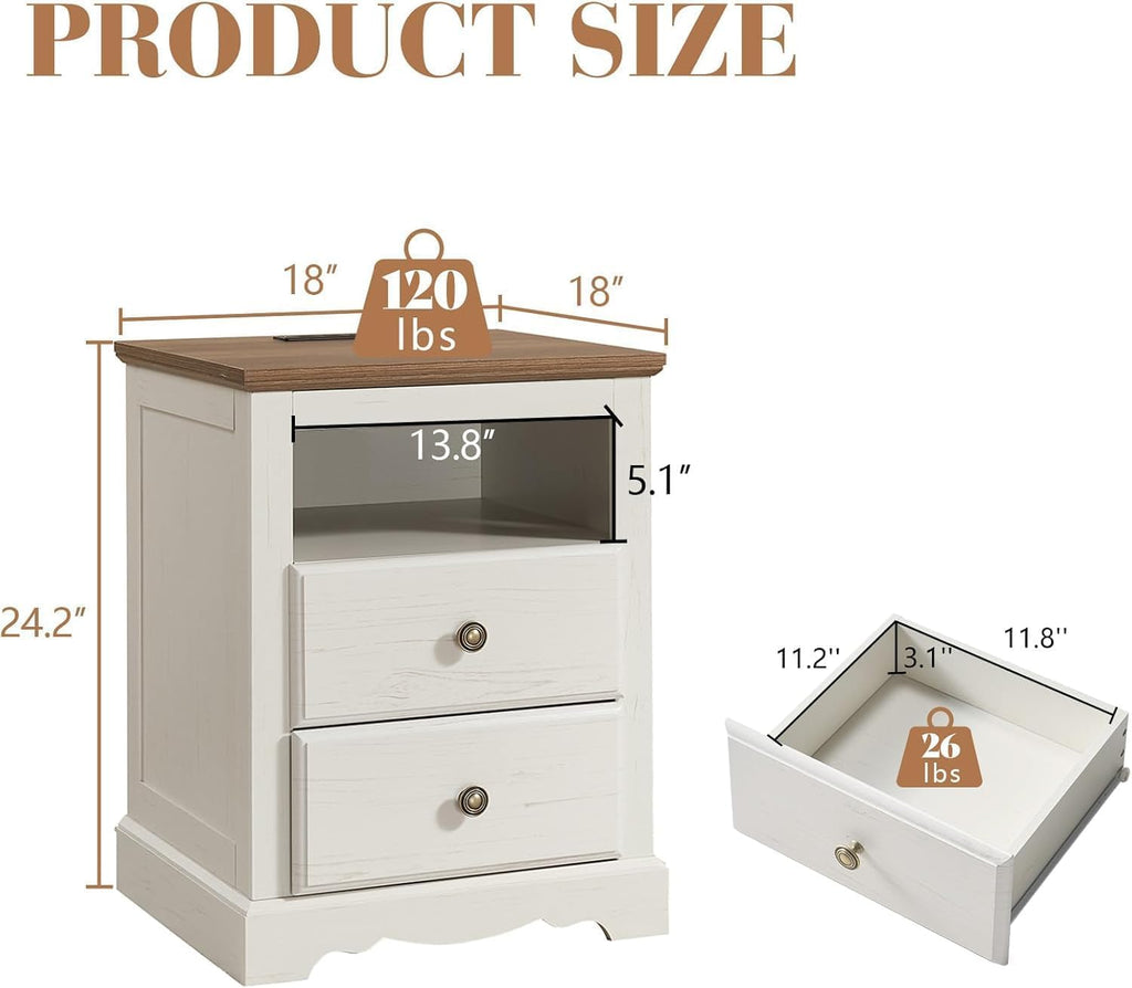 AMERLIFE Farmhouse Bedroom Furniture Set, Includes 2 Nightstands with Charging Station and 1 Queen Size Wood Platform Bed Frame with Headboard, Storage Drawers, No Box Spring Needed, Rustic White