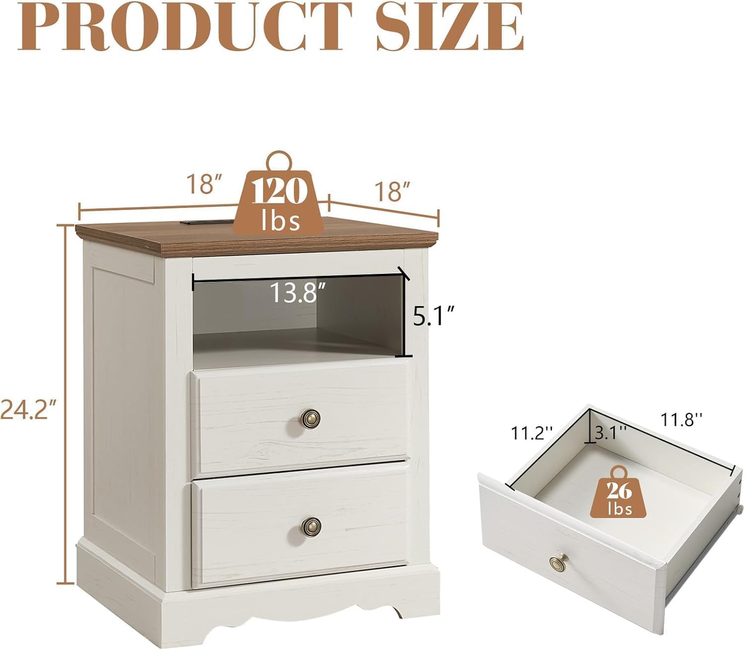 AMERLIFE Farmhouse Bedroom Furniture Set, Includes 2 Nightstands with Charging Station and 1 Queen Size Wood Platform Bed Frame with Headboard, Storage Drawers, No Box Spring Needed, Rustic White