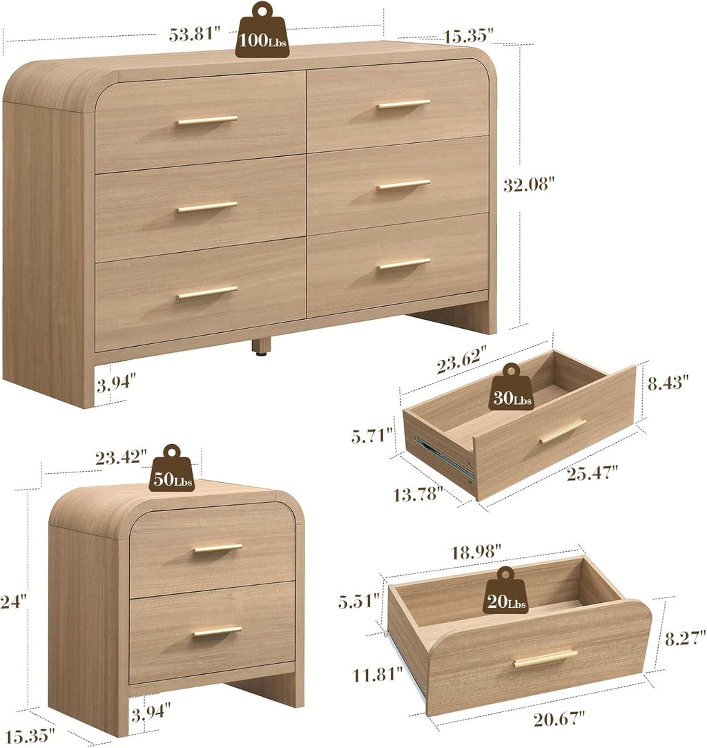 3-Piece Modern Bedroom Furniture Set, 6-Drawer& 2-Drawer Nightstands Set of 2, Unique Curved Design Wooden Dresser and Nightstand Sets for Bedroom, Hallway, Oak