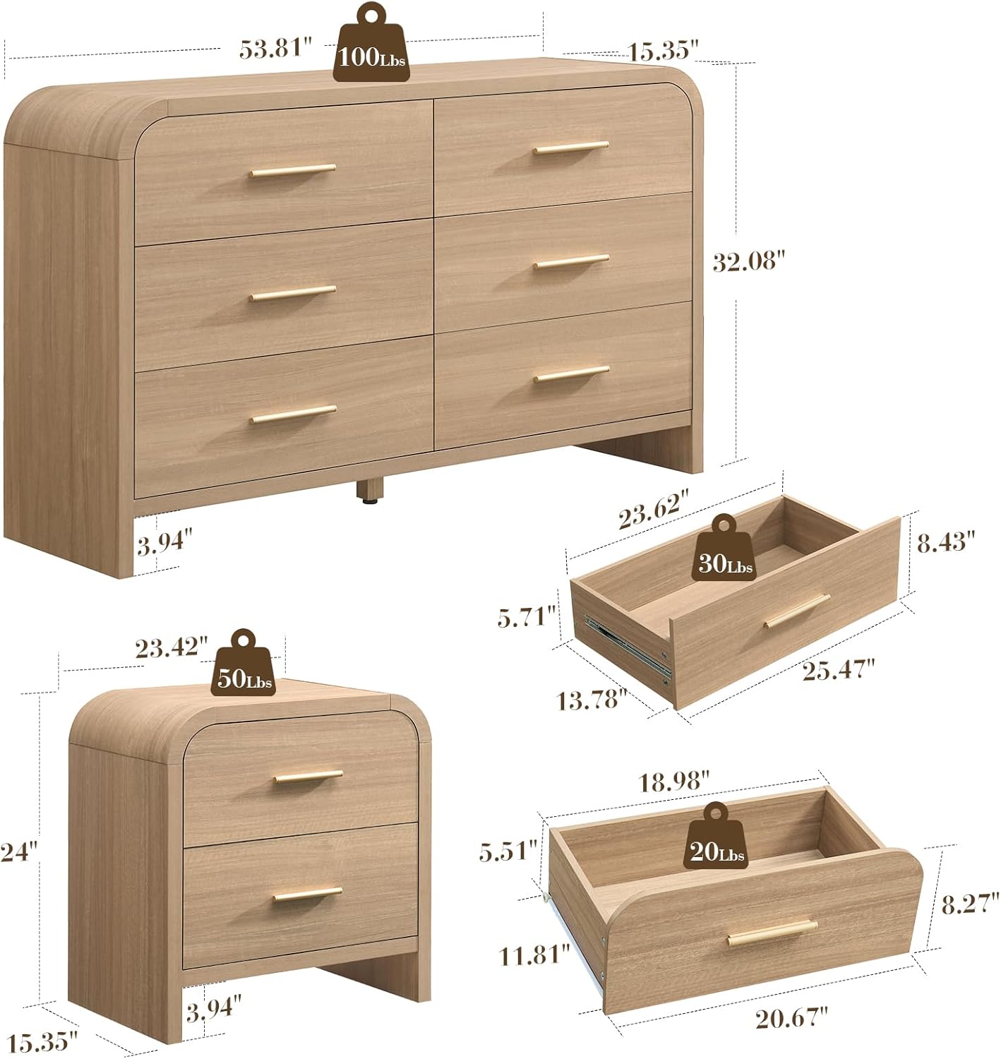 3-Piece Modern Bedroom Furniture Set, 6-Drawer& 2-Drawer Nightstands Set of 2, Unique Curved Design Wooden Dresser and Nightstand Sets for Bedroom, Hallway, Oak
