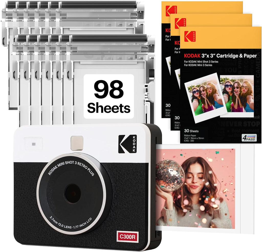 KODAK Mini Shot 3 Retro 3x3” Instant Digital Camera & Photo Printer, 98 Sheets, 2-in-1 Portable Print Camera, Bluetooth Smartphone Printer for iOS & Android, 4PASS Dye Sublimation, White