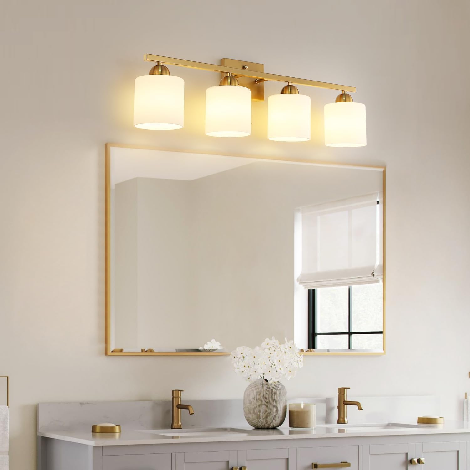 Mecgirn Stainless Steel Milk Glass Vanity Lights for Bathroom, 4 Light Gold Bathroom Light Fixtures Over Mirror, Ceramic E26 Sockets Wall Mounted
